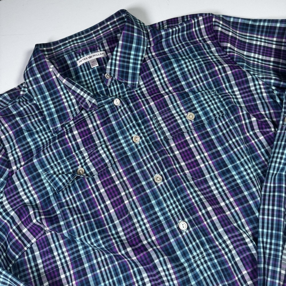 Peter Millar Shirt Dress Women XL Purple Teal Plaid Long Sleeve Button Front